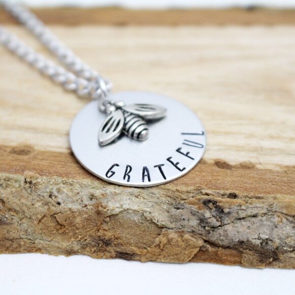 Bee Grateful - Hand Stamped Bee Necklace - Handmade & Hypoallergenic - Picture 3 of 6